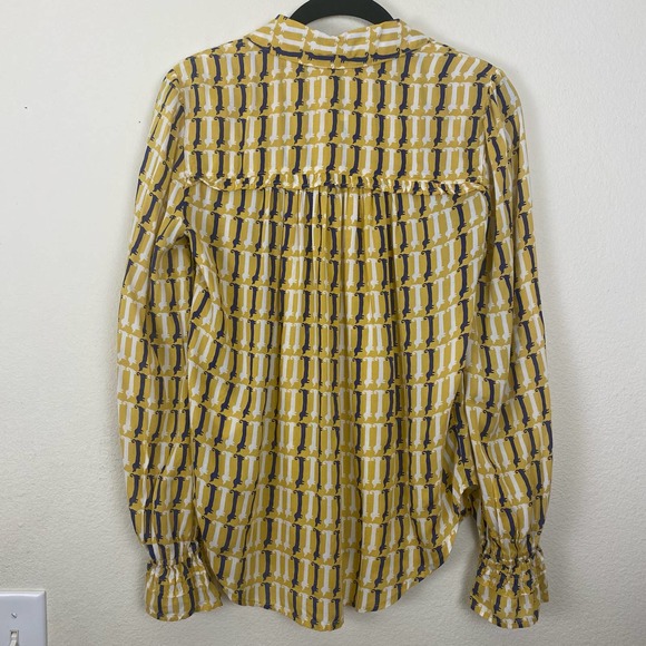 Maeve By Anthropologie Dog Print Yellow Satin Bell Sleeve Button Up long Sleeve - Picture 5 of 12
